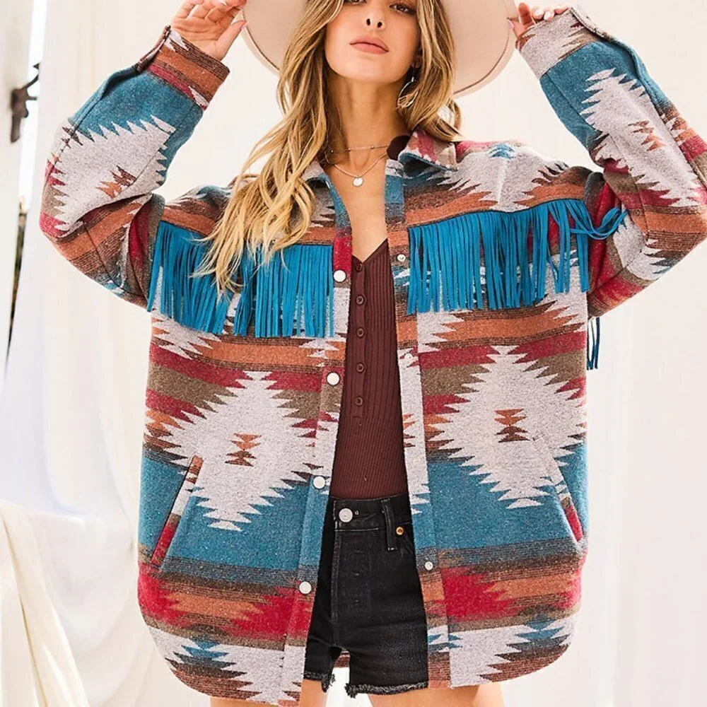 THE SHYSIE WOMENS AZTEC PRINT FRINGED JACKET CREAM NWT